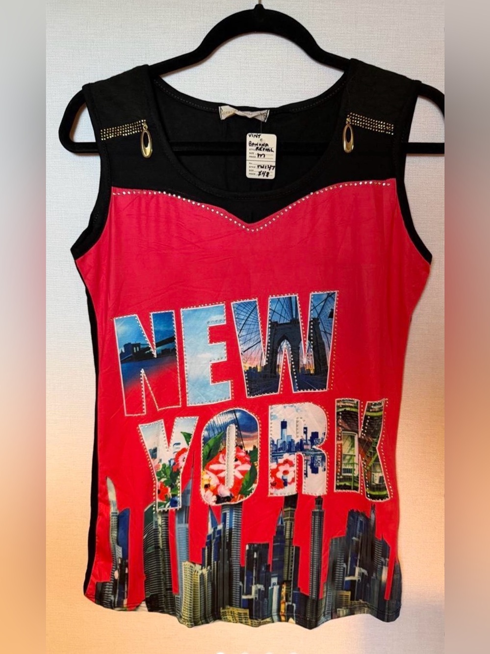 Y2K New York Graphic Red Sleeveless Embellished Women's Top